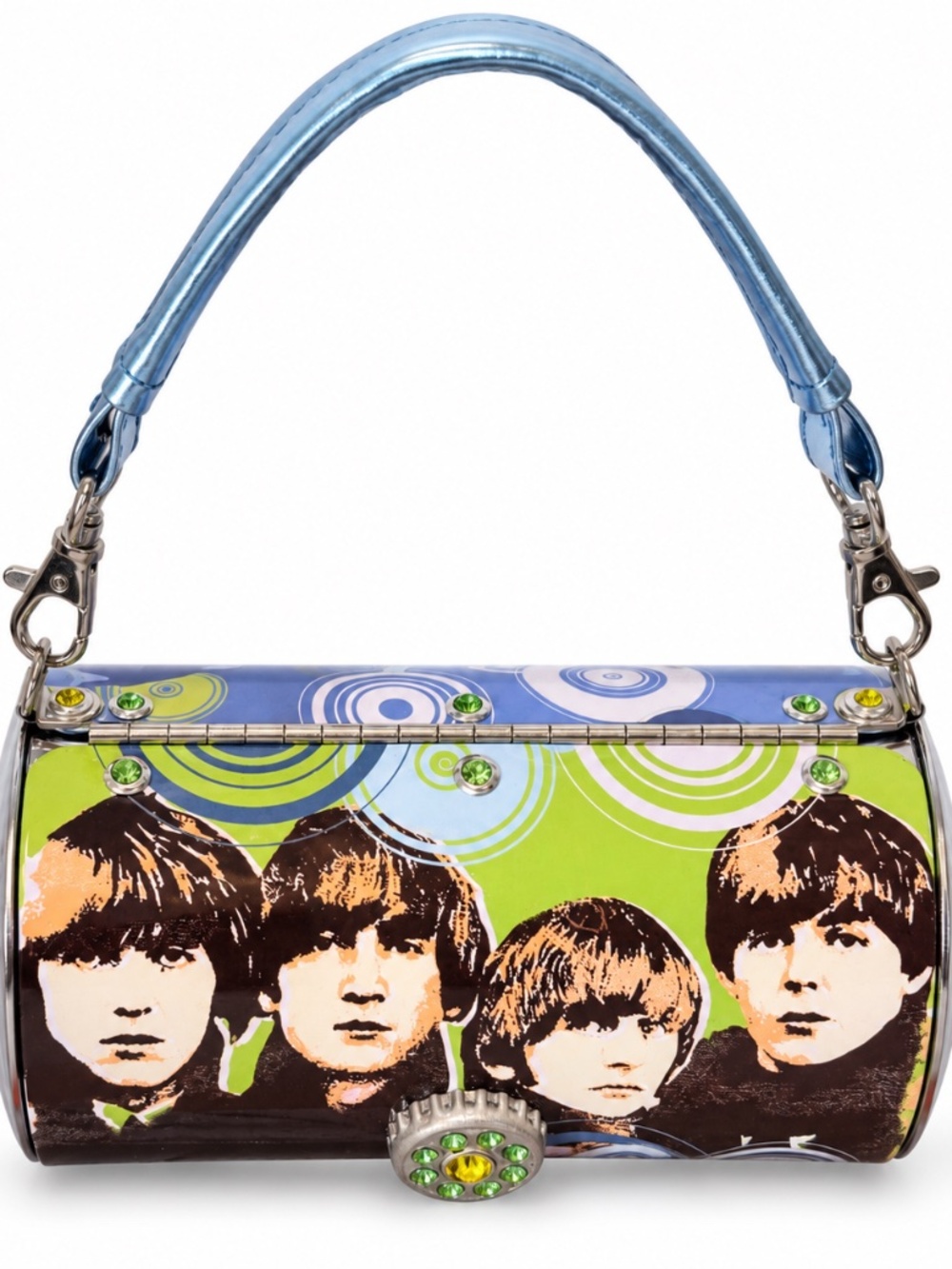 Vintage Beatles Metal Cylinder Purse Jeweled Snap Clasp Metallic Blue Handle